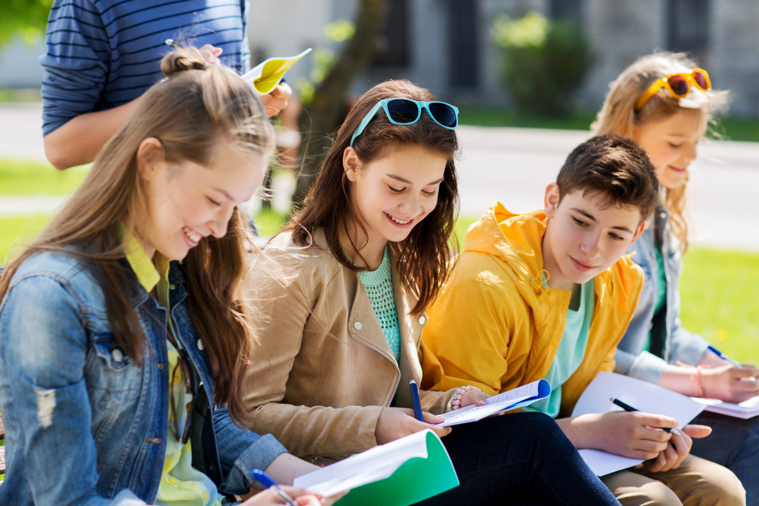 education, high school and people concept - group of happy teenage students with notebooks learning at campus yard