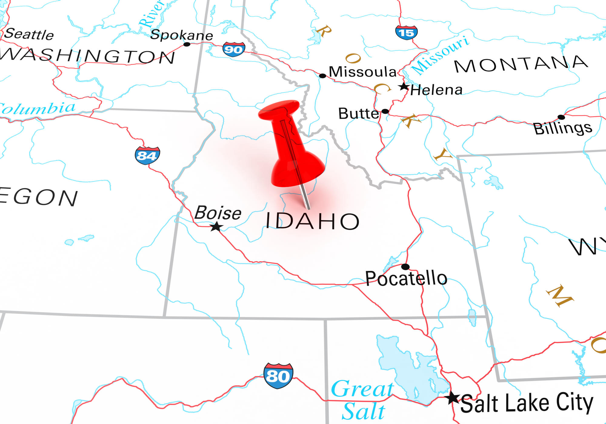 Red Thumbtack Over Idaho, Map is Copyright Free Off a Government Website - nationalatlas.gov